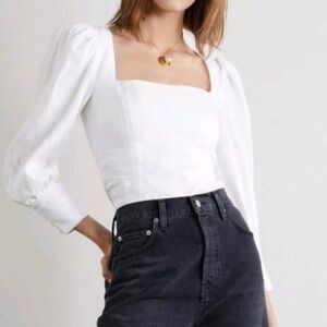 NWOT NEW $148 REFORMATION Made In USA Blouse Sz 0 STILTON Linen Crop Puff Sleeve